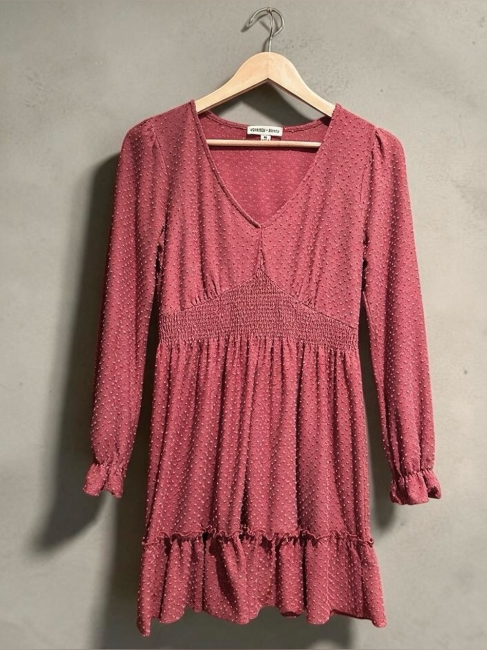 Charmed Hearts Dress Womens M Made in USA Dusty Rose Swiss Dot Smocked Boho Mini